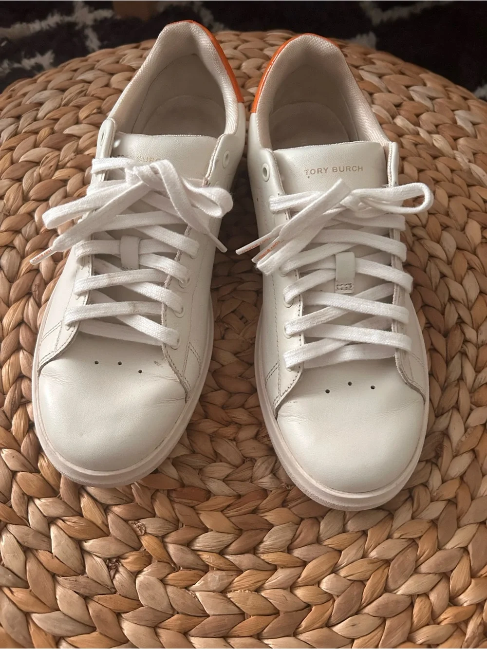 Tory Burch White Leather Lace-Up Sneakers with Orange Heel Trim